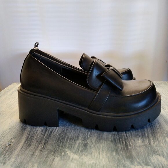 Black chunky heel platform bowtie loafers sz 39 - Picture 2 of 5